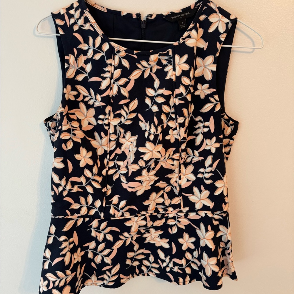 Floral Sleeveless Top - Navy and Peach